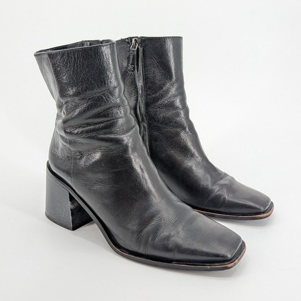 Sam Edelman Winnie Black Leather Square Toe Block Heel Ankle Boots Size 39.5